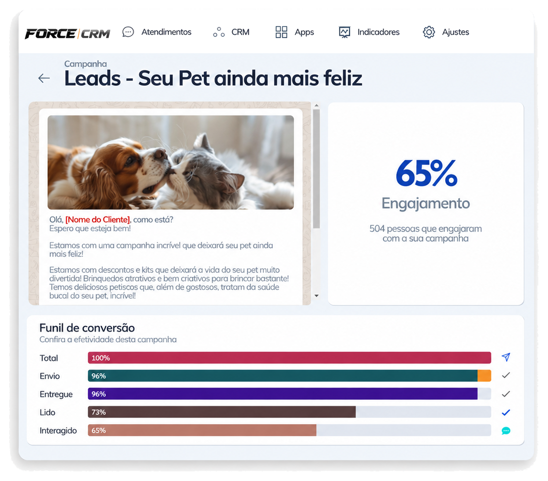 Painel de campanhas e disparo de mensagens do Force CRM