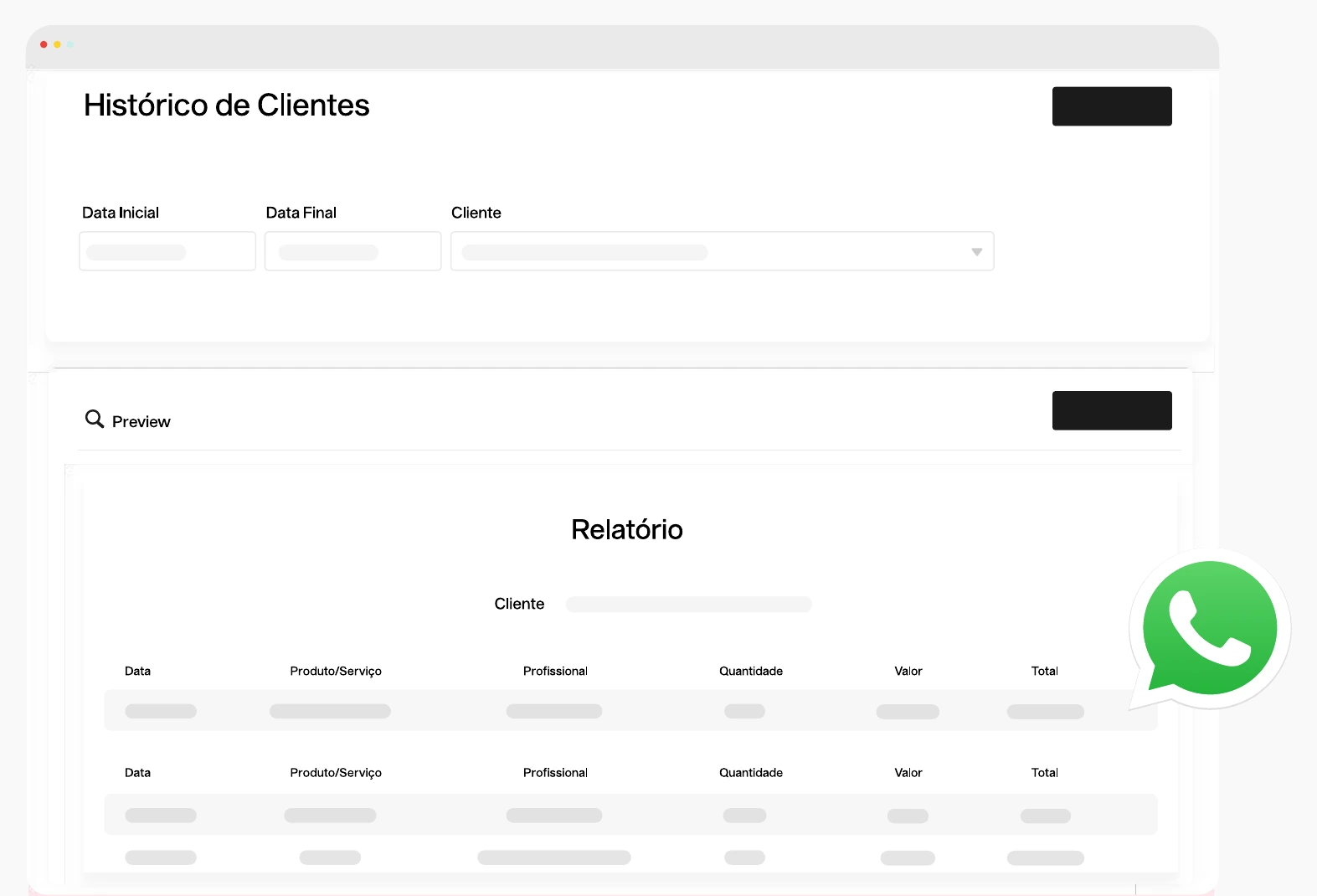Histórico de clientes do Force Agenda com relatório de atendimentos e integração com WhatsApp.