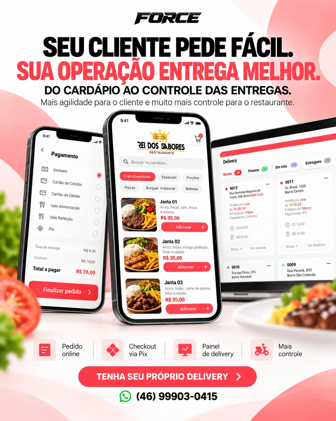 Ilustração da campanha mostrando cardápio no celular, checkout e controle de pedidos do restaurante
