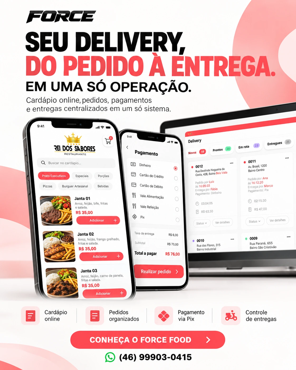 Ilustração do cardápio, escolha de pagamento e painel de delivery apresentados na campanha