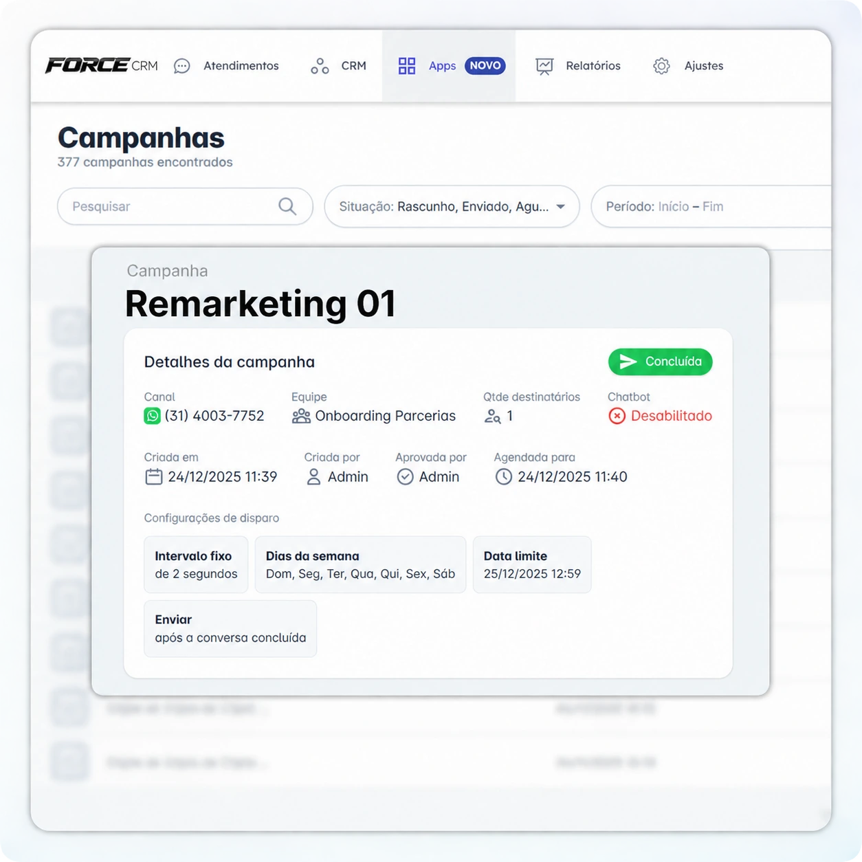 Campanha de disparo em massa com configurações de envio no Force CRM