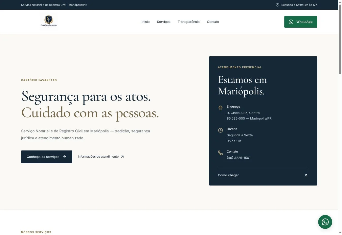 Página inicial do Cartório Favaretto desenvolvida pela Force